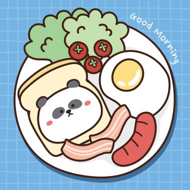Breakfast on blue tablecloth hand drawn.Cute panda bear bread,tomatoes,fried egg,bacon,sausage,vegetable doodle.Cartoon character design.Children graphic.Vector.Illustration.