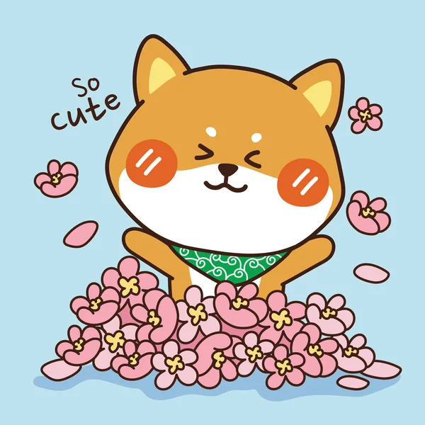 Shiba Inu Auf Blumenflor Hand Drawn Nette Zeichentrickfigur Design Animal — Stockvektor