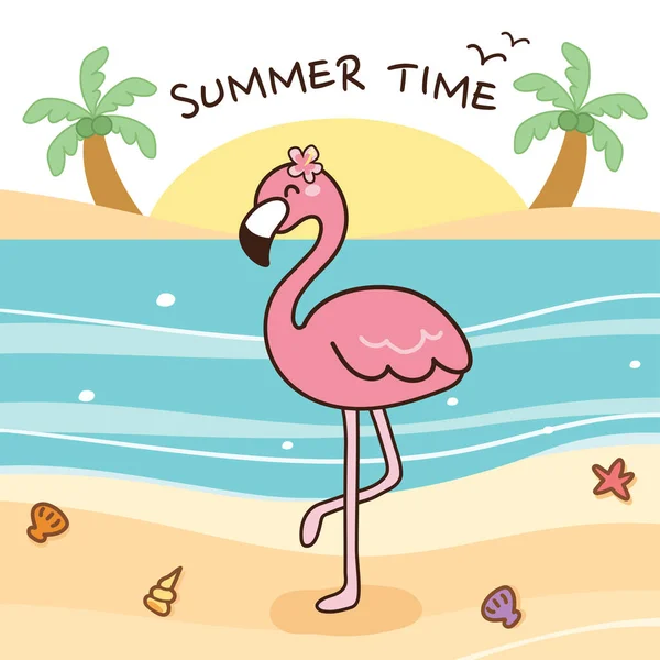 海滩上的火烈鸟手绘背景 夏天的概念 — 图库矢量图片