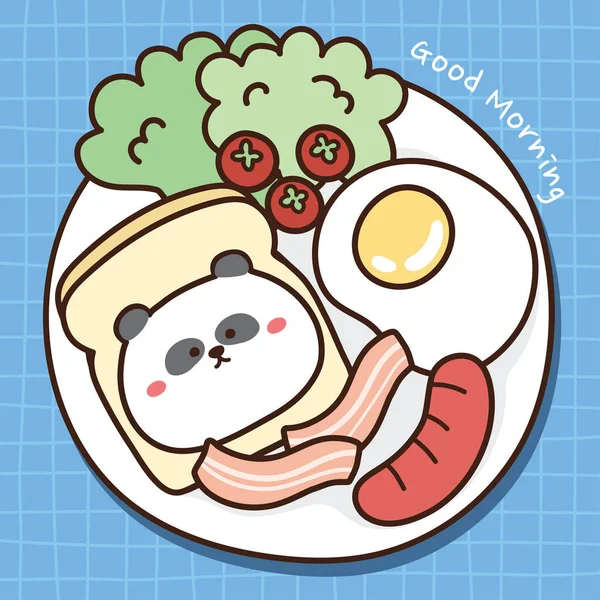 Breakfast Blue Tablecloth Hand Drawn Cute Panda Bear Bread Tomatoes — ストックベクタ