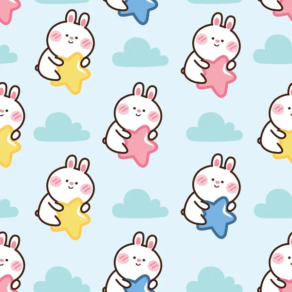 Seamless Pattern Cute Rabbit Hold Colorful Star Hand Drawn Background — Vector de stock