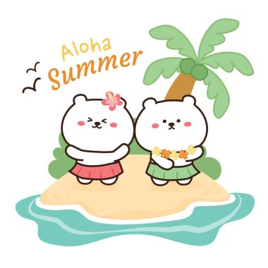 Adanın arka planında dans eden sevimli bir ayı. Yaz yazıları. Çizgi film hayvan karakteri tasarımı. Karalama..