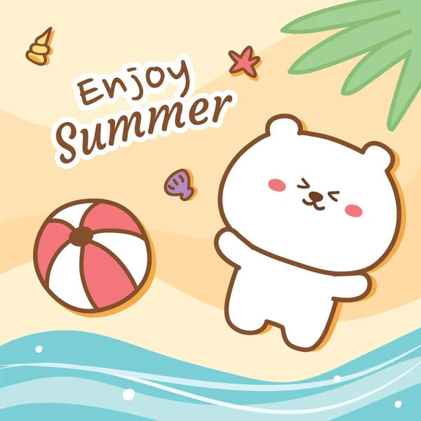 Bear Lying Sea Beach Hand Drawn Banner Enjoy Summer Writing — Stock Vector