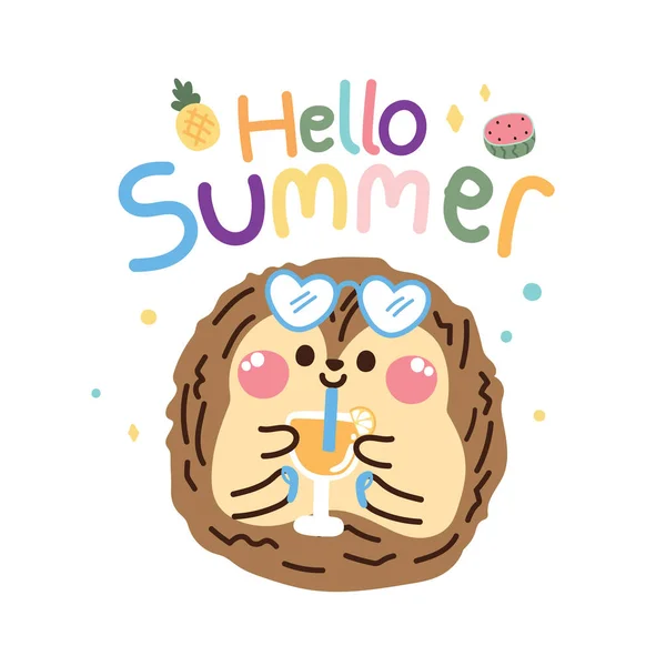 Cute Hedgehog Drink Orange Juice Cartoon White Background Hello Summer — Vector de stock