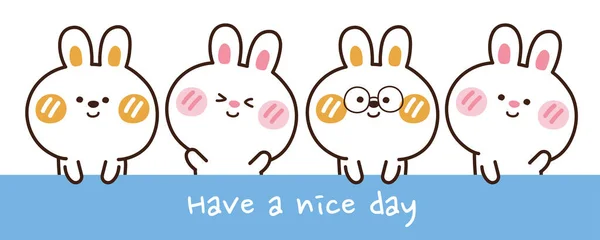Have Nice Day Writing Cute Rabbits Hand Drawn Banner Cartoon — Stock Vector