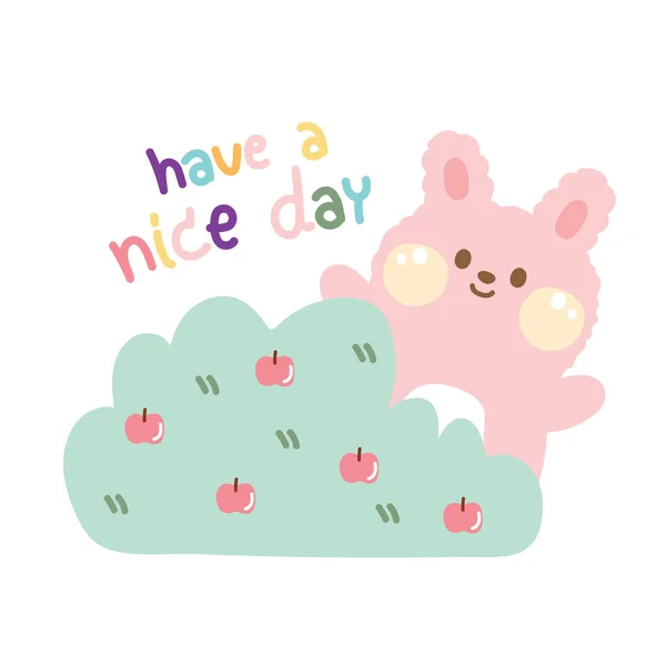 Cute Rabbit Behide Plant Cartoon White Background Have Nice Day —  Vetores de Stock