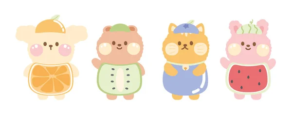 Ensemble Animaux Mignons Costume Fruit Sur Fond Blanc Conception Drôle — Image vectorielle