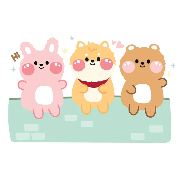 Cute Animals Sit Wall Cartoon Rabbit Shiba Inu Dog Bear — Stockvektor