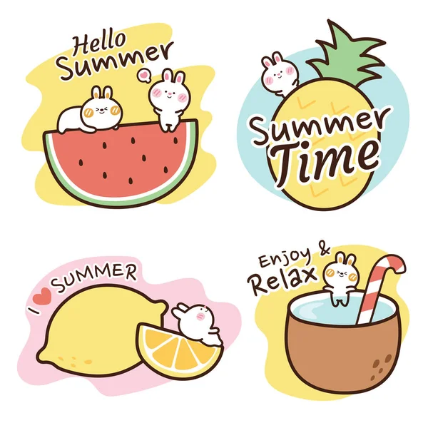 Set Summer Fruit Badge Tiny Rabbit Hand Drawn Holiday Relax — ストックベクタ
