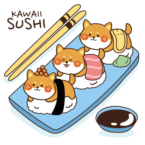 Kawaii Sushi Writing Background Shiba Inu Sushi Chopsticks Green Wasabi — Stockvector
