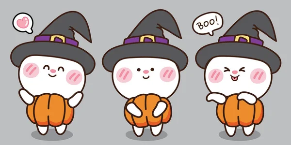 Halloween Concept Cute Rabbit Wear Pumpkin Witch Hat Gray Background — Stock Vector