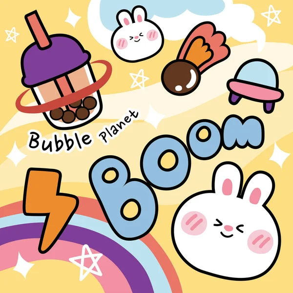 Cute Rabbit Bubble Tea Yellow Background Galaxy Space Concept Animal — Wektor stockowy