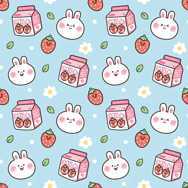 Seamless Pattern Cute Rabbit Strawberry Milk Box Flower Animal Character — 스톡 벡터