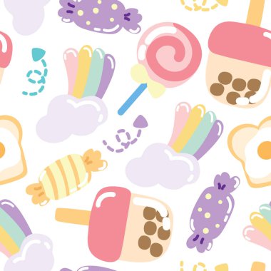 Beyaz arka planda kusursuz tatlı deseni. Şeker, sütlü çay, ekmek, gökkuşağı karikatürü. Kawai. İllüstrasyon..