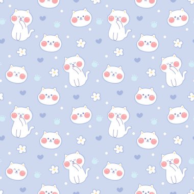 Pastel renk kavramı. Mavi arka planda kusursuz şirin kedi deseni. Hayvan el çizimi. Çocuk ürünü, duvar kâğıdı, karton resim..