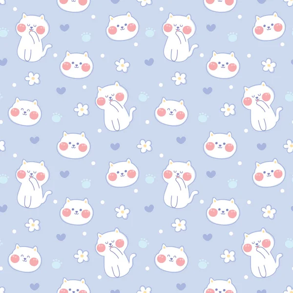 Pastel renk kavramı. Mavi arka planda kusursuz şirin kedi deseni. Hayvan el çizimi. Çocuk ürünü, duvar kâğıdı, karton resim..