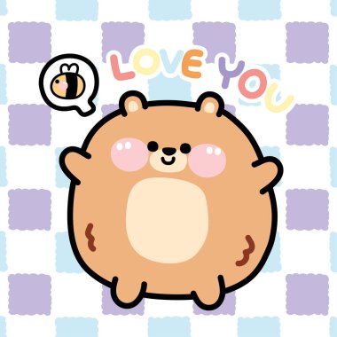 Arı karikatürlü şirin tombul ayı. Kareli arka planda mesajlaşmanı seviyorum. Komik hayvan karakteri tasarımı..