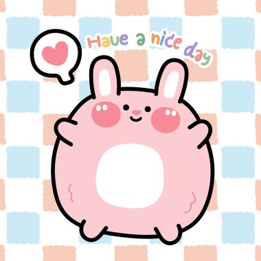 Şirin tombul tavşan, kareli arka planda güzel bir gün mesajı var. Komik hayvan karakteri tasarımı. Kawai. İllüstrasyon..