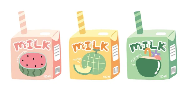 白色背景上的一组可爱的牛奶盒卡通画 水果味 椰子手拉手 小孩喝水 孤独寂寞 Kawaii Vector Illustration — 图库矢量图片