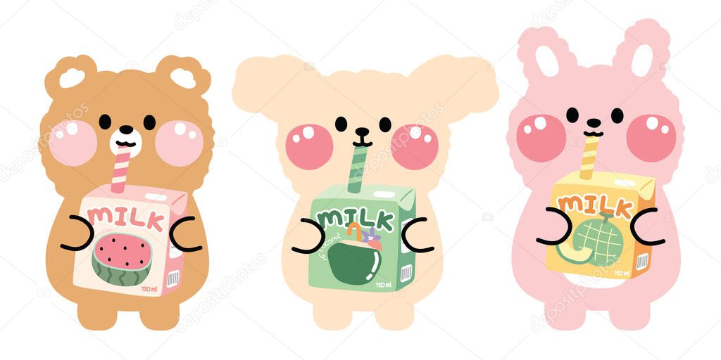 Set of cute animal drink cartoon.Bear,dog,rabbit hand drawn.Watermelon,coconut,melon flavor.Pastel.Kawaii.Vector.Illustration.