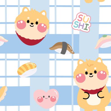 Suşi Japon yemek karikatürlü kusursuz Shiba Inu yüzü. Mavi kareli desen. Kawai Vector. İllüstrasyon..