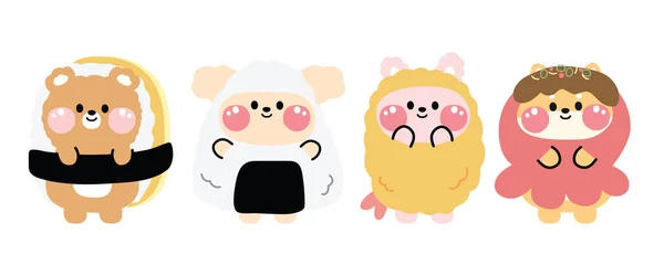 Set Animales Lindos Mascot Kid Comida Japonesa Dibujos Animados Personaje — Vector de stock