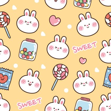 Tatlı, şirin tavşanın kusursuz deseni. Hayvan karikatürü. Kawai. Kart, çıkartma, duvar kağıdı, afiş, arka plan..