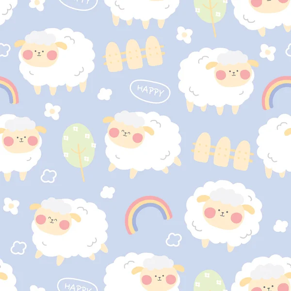 Pastel Color Seamless Pattern Cute Sheep Blue Background Cartoon Animal — Wektor stockowy