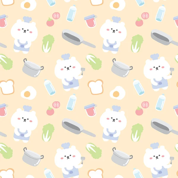 Pastel Color Cooking Concept Seamless Repeat Pattern Cute White Bear —  Vetores de Stock