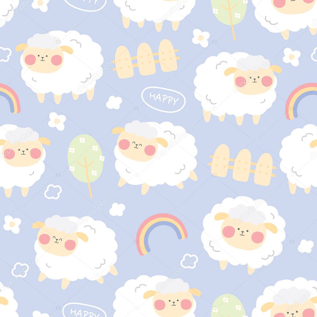 Pastel color.Seamless pattern of cute sheep on blue background.Cartoon animal character design.Image for wallpaper,card,paper,baby product,sticker.Vector.Illustration.