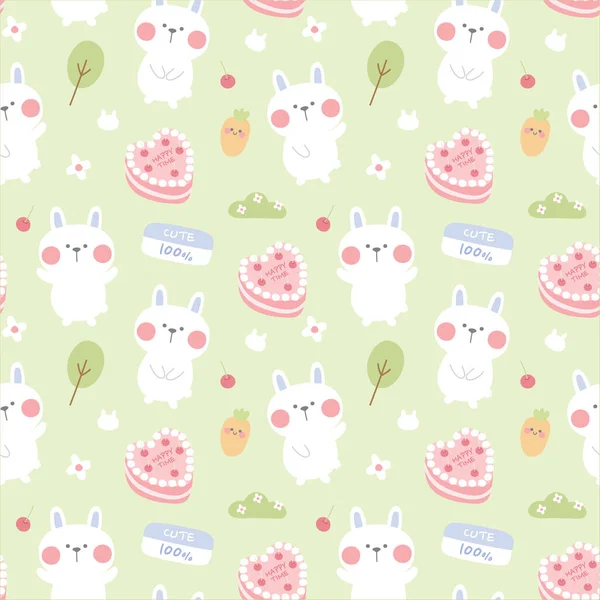Pastel Color Seamless Pattern Cute Rabbit Green Background Animal Design —  Vetores de Stock