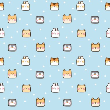 Mavi arka planda kusursuz tekrarlanan sevimli hayvan yüzü deseni. Çizgi film duvar kağıdı. İllüzyon..
