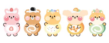 Rolling cake kostümlü sevimli hayvan seti. Komik karakter tasarımı. Tavşan, ayı, kedi, köpek, shiba inu el çizimi..