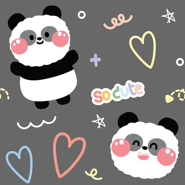 Padrão Sem Costura Urso Panda Bonito Fundo Cinzento Coração Estrela — Vetor de Stock