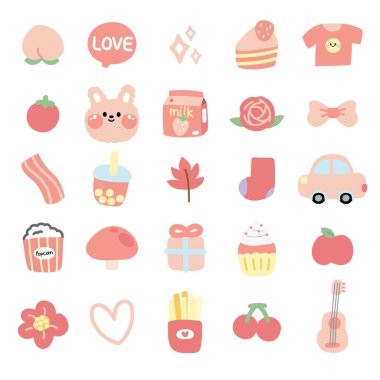 Pembe kavramlı şirin ikon karikatür seti. Meyve, tatlı, pasta, kıyafet, sebze, araba, içecek, hediye, gitar, kalp çizimi. İzole edilmiş..