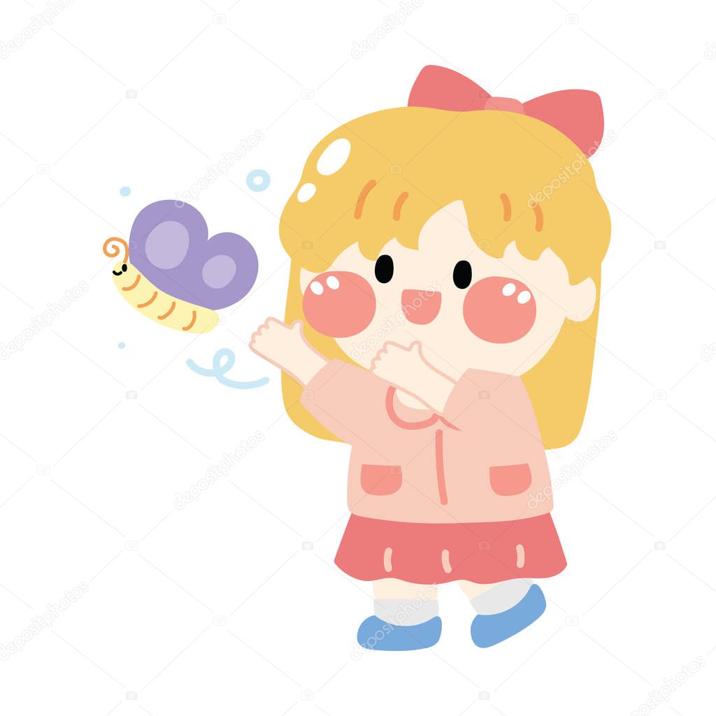 Cute girl try to catch butterfly.Cartoon character design.Isolated.Kawaii.Vector.Illustration.