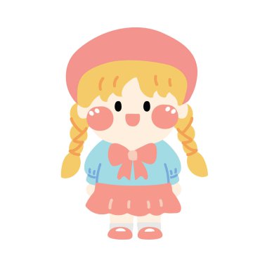 Gülümseyen kız güzel elbiseler içinde. Çocuk çizimi. Kart, poster, okul kitabı. İzole edilmiş..