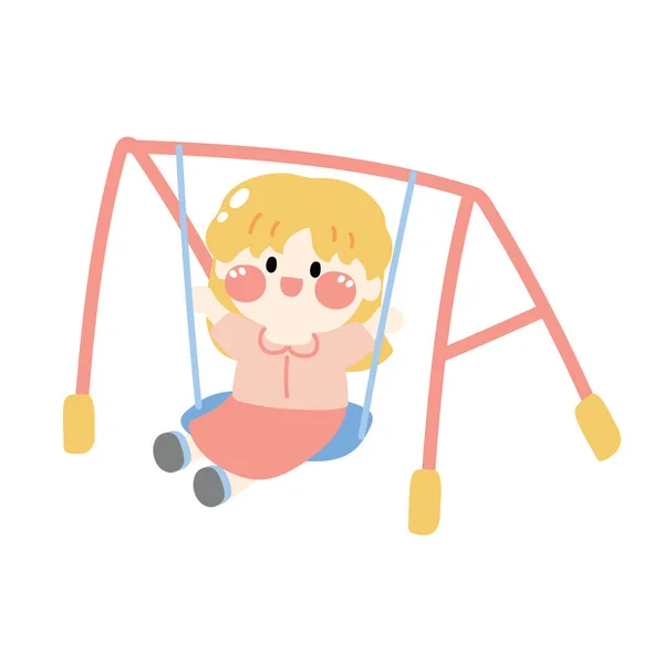 Menina Bonito Balançando Swings Cartoon Mão Drawn Play Fun Tine — Vetor de Stock