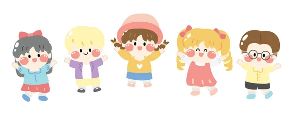 一组可爱的孩子们在白色的背景上跳跃 小孩角色卡通人物设计 Kawaii Vector Illustration — 图库矢量图片