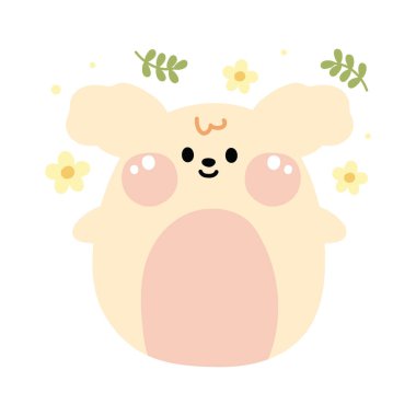 Çiçekli ve yaprak karikatürlü sevimli şişman köpek. Hayvan karakteri tasarımı. Mutluluk. Kawai Vektörü..