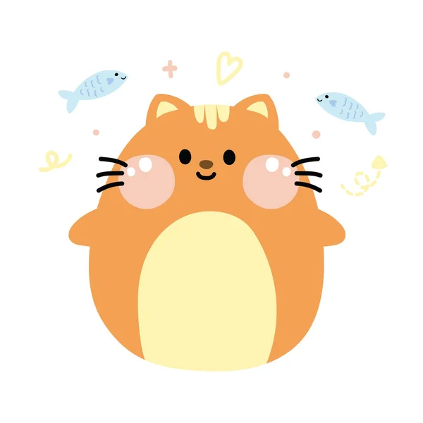 白い背景に魚とかわいい脂肪猫 動物のキャラクターデザインペット漫画手描き — ストックベクタ