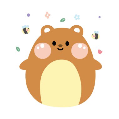 Beyaz arka planda arı ve çiçekli sevimli şişman ayı. Vahşi hayvan karakteri tasarımı. İzole edilmiş..