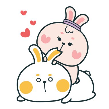 Pembe tavşan oturuyor ve beyaz tavşanı ısırıyor. Sevimli tavşan karakteri. Hayvan çizgi filmi..