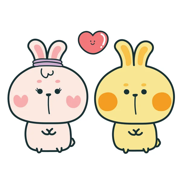 Cute Couple Rabbit Heart White Background Cartoon Character Design Kawaii — Stock Vector
