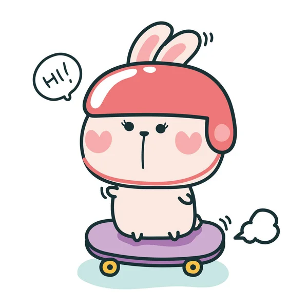 可爱的兔子在滑板上打招呼 卡通动物人物设计 Kawaii Vector Illustration — 图库矢量图片