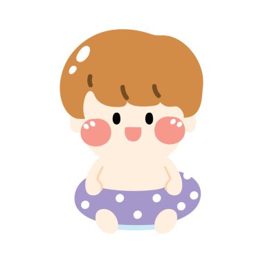 Yüzme yüzüklü tatlı çocuk beyaz arka planda oturur. Çocuk çizgi film karakteri tasarımı. Kawai..