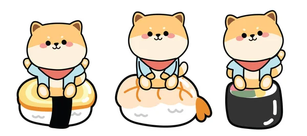 Set Cute Shiba Inu Dog Sushi Cartoon Animal Character Design — Stock Vector