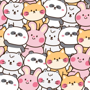 Panda, köpek, tavşan, kedi eli çizimi. Tekrarlıyorum. Güzel hayvan karikatürlerinin kusursuz deseni. Karakter tasarımı. Duvar kağıdı, pankart, bebek bezi, hediye kağıdı, çocuk üretimi.