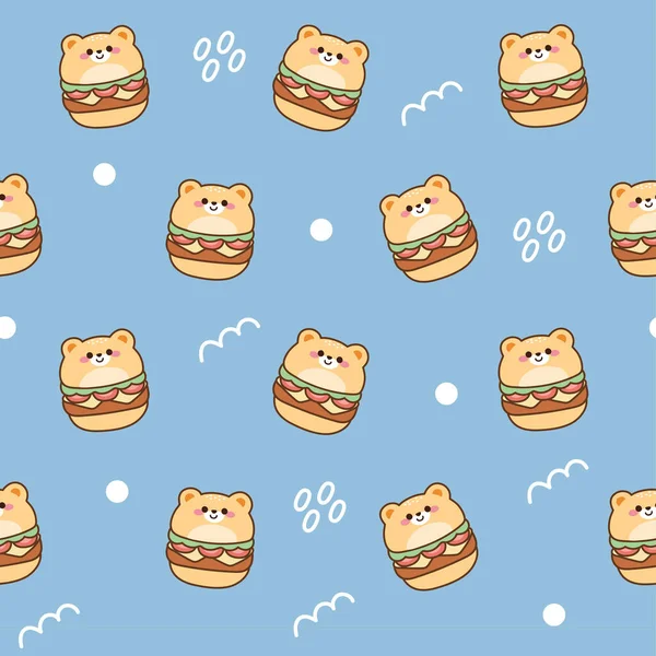 Repeat Seamless Pattern Cute Bear Hamburger Cartoon Blue Background Character — Vettoriale Stock