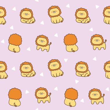 Mor zemin üzerinde kusursuz şirin aslan karikatürü. Hayvanlar karakteristiği. Çocuk grafik tasarımı. Bebek bezi, kart, kağıt hediye, pankart, pankart, sanat.Sticker..